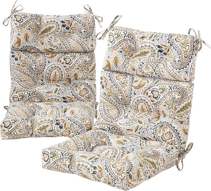 Outdoor Tufted High-Back Chair Cushions, One-Piece Hinged Seat and Back Design, Reversible with 4 Ties, Durable Polyester Fabric, Recycled Fiber Fill - Set of 2, Arctic Paisley