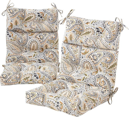 Outdoor Tufted High-Back Chair Cushions, One-Piece Hinged Seat and Back Design, Reversible with 4 Ties, Durable Polyester Fabric, Recycled Fiber Fill - Set of 2, Arctic Paisley