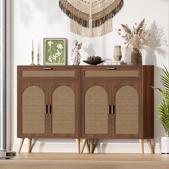 Keehusux Rattan Storage Cabinet with Drawer and 2 Doors, Walnut | Accent Sideboard Buffet Cabinet with Adjustable Shelf & Solid Wood Feets, Coffee Bar for Kitchen, Living Room, Entryway