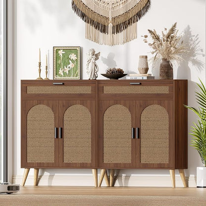 Keehusux Rattan Storage Cabinet with Drawer and 2 Doors, Walnut | Accent Sideboard Buffet Cabinet with Adjustable Shelf & Solid Wood Feets, Coffee Bar for Kitchen, Living Room, Entryway
