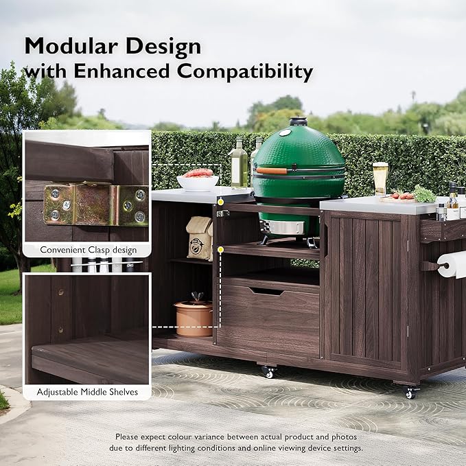 LUMISOL Outdoor Grill Cart with Stainless Steel Top, Solid Wood Kitchen Island for Big Green Egg Grills, 66.5" Rolling Kitchen Table with Internal Storage Rack, Spice & Towel Rack, Dark Brown