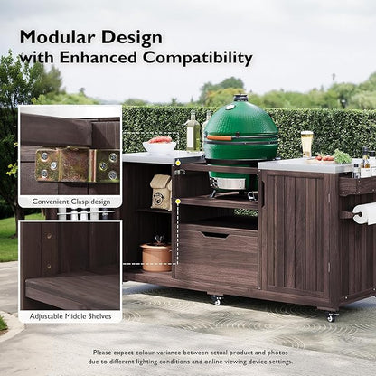 66.5" Outdoor Kitchen Island for Big Green Egg Grills, Solid Wood Grill Cart for Tabletop Grill with Stainless Steel Top, Drawer, Adjustable Middle Shelf, Compatible with Large Big Green Egg
