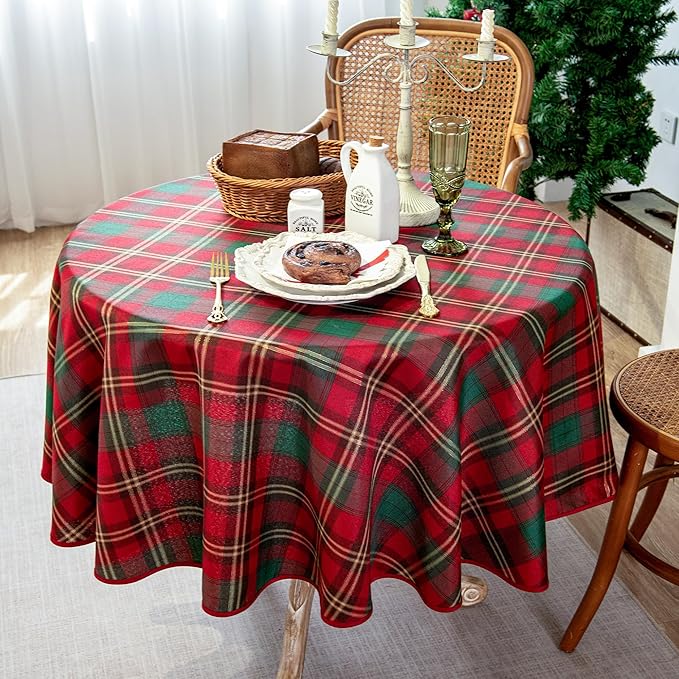 Plaid Tablecloth for Christmas, Checkered Style Table Cloth Holiday Family Gathering Rectangle Table Cover - Spillproof & Waterproof - Ideal for Indoor & Outdoor Use, Round 60"