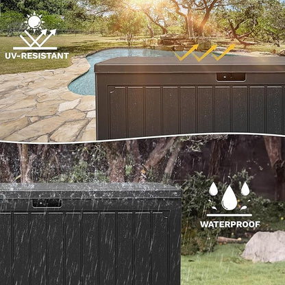 DWVO 90 Gallon Resin Outdoor Storage Box, XXL Double-Wall Waterproof Deck Box, Doubles as Table or Seating with 450 lbs Capacity, Lockable (Black)