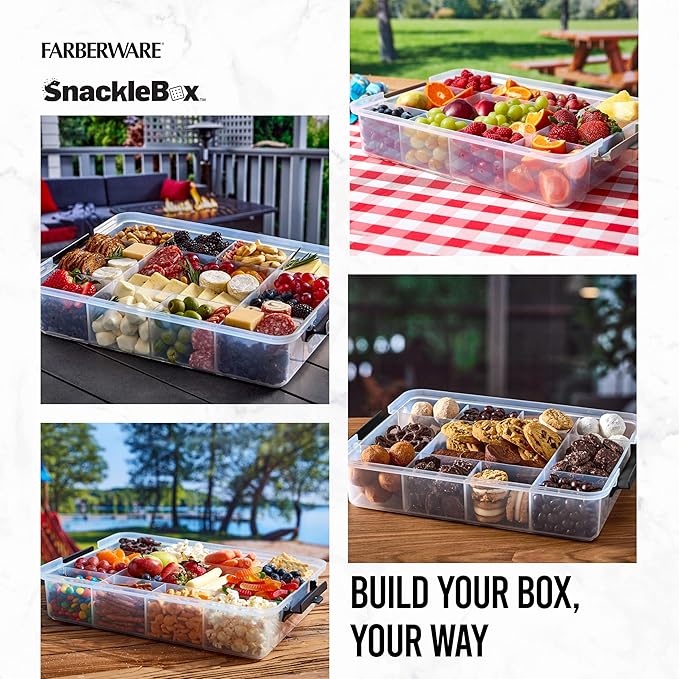 Farberware Build Snacklebox Serving Tray with Locking Bamboo Cutting Board Lid, Portable Storage Container with Compartments for Charcuterie, and More, Natural