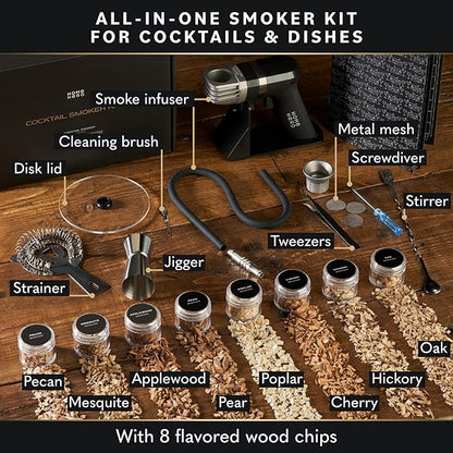 Home Hero Whiskey Smoker Kit - Cocktail Smoker for Old Fashioned & Bourbon Whiskey - Indoor Cold Smoke Generator with 8 Wood Chip Flavors - 8-Piece Set, Black