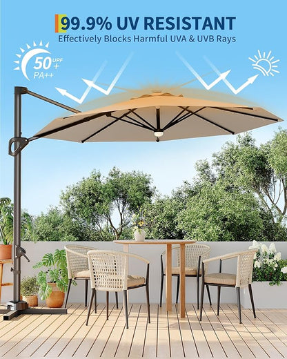 GarveeLife 10FT Patio Umbrella Outdoor Solar LED Large Cantilever Umbrella Market Sun Shade Windproof Offset Umbrella with 360-Degree Rotation for Garden Deck Pool Patio