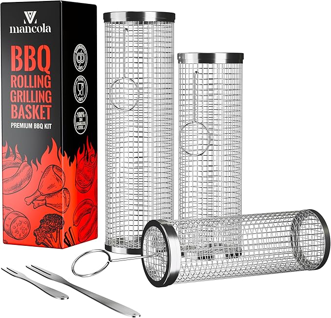 mancola BBQ Net Tube-Rolling Grilling Basket,Rolling Grilling Baskets for Outdoor Grilling,Round Stainless Steel BBQ Grill Mesh, Camping Barbecue Rack for Vegetables, French Fries, Fish