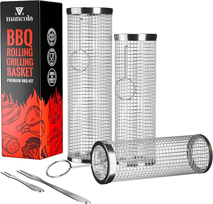 mancola BBQ Net Tube-Rolling Grilling Basket,Rolling Grilling Baskets for Outdoor Grilling,Round Stainless Steel BBQ Grill Mesh, Camping Barbecue Rack for Vegetables, French Fries, Fish