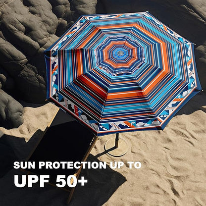 AMMSUN 7ft Heavy Duty High Wind Beach Umbrella Parasols with sand anchor & Tilt Sun Shelter, UPF 50+ Protection Outdoor Sunshade Umbrellas Carry Bag for Patio Garden Pool Backyard Multicolor