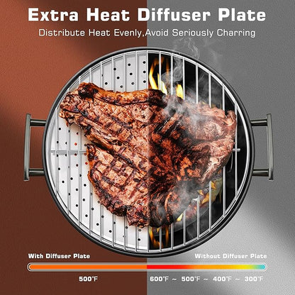 18 Inch Portable Charcoal Grill with Adjustable Fan, Outdoor BBQ Fire Pit, Easy to Light Charcoal/Wood, Small Round Kettle Smoker for Backyard Cooking, Barbeque, Camping, Black