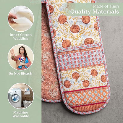 Maison d' Hermine Double Oven Mitt (7" x 35") 100% Cotton Heat Resistant BBQ Cooking Gloves with Loop for Thanksgiving Christmas Decorations Baking Cooking Barbeque Handling Hot Pan (Harvest Festival)