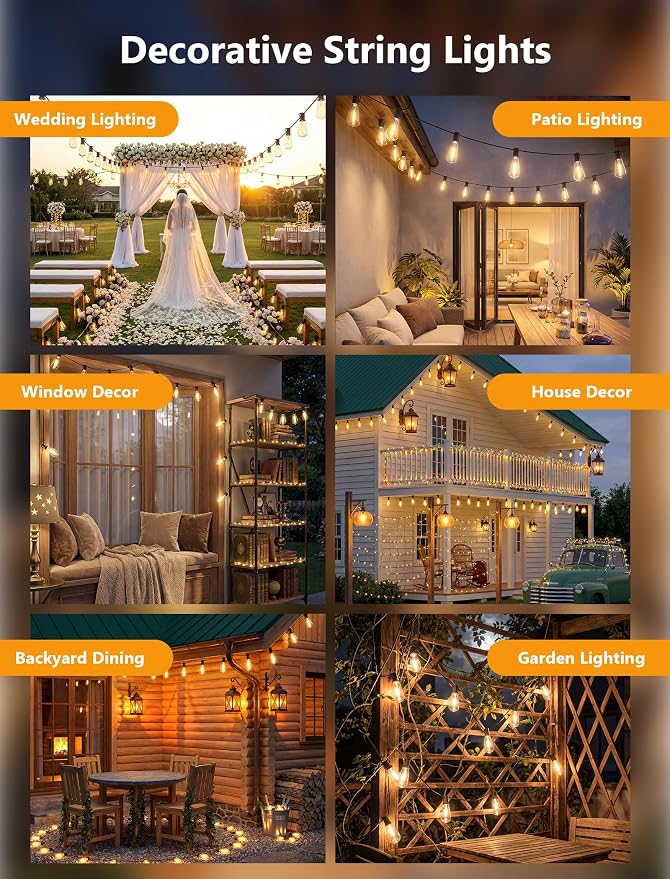 10FT Outdoor String Lights, 10 ST40 Edison LED Patio Lights | Shatterproof Bulbs, IP65 Waterproof, Dimmable 2700K Warm White, UL Listed Plug-In Black Wire for Porch Balcony