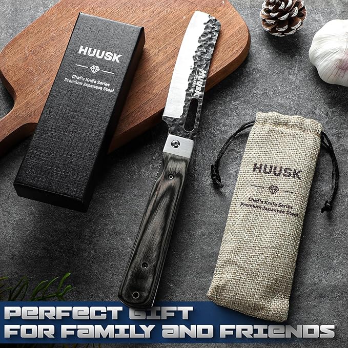 Huusk Japanese Folding Nakiri Knife - Pocket Vegetable Knife with Hand Forged Blade - Portable Kitchen Knives for BBQ, Camping and Travel - Gift for Men and Women