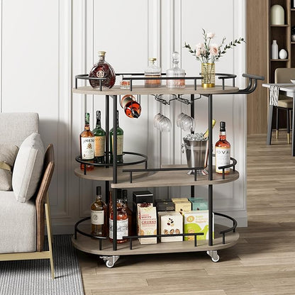 GarveeHome 3-Tier Bar Cart on Wheels, Mobile Serving Cart with Wine Rack and Glass Holder, Metal Kitchen Utility Cart for Coffee Station, Mini Home Bar, Dining Room - Black+Grey