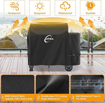 Kipiea 600D Heavy Duty Pellet Grill Cover for Weber Searwood XL 600 & Smoque XL, Waterproof Wood Pellet Smoker Cover with Windproof Buckles, UV Resistant, No Tear, No Fading