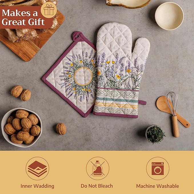 Maison d' Hermine Pot Holders 100% Cotton Heat Resistant Potholders 8" x 8" Hot Pads with Loop BBQ Cooking Baking Hotel Farmhouse Kitchen Handling Hot Pans Spring Summer (Pack of 2, Fanny Lavender)
