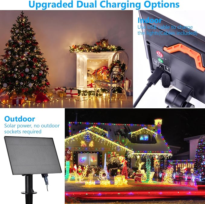 80Ft Solar String Lights for Outside Color Changing LED Christmas Lights | Waterproof 18 Colors 200 LEDs Solar Powered & USB with Remote, RGB Outdoor Fairy Light for Yard Tree Fence Halloween Decor