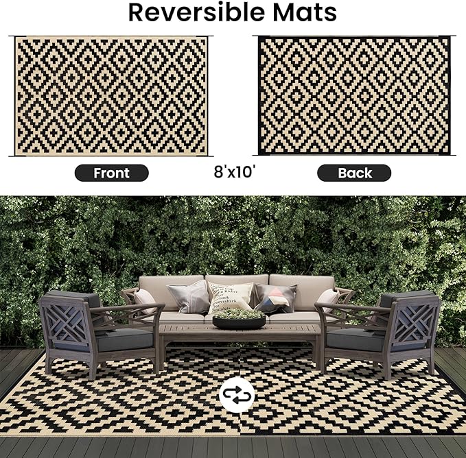 Smiry Outdoor Rug 8x10 ft Waterproof Reversible Boho Mat, Black & Beige | Polypropylene Plastic Straw, Quick Drying, Lightweight Foldable, for Patio, Deck, RV Camping, Backyard and Indoor Outdoor Use