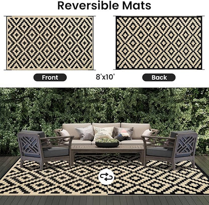 Smiry Outdoor Rug 8x10 ft Waterproof Reversible Boho Mat, Black & Beige | Polypropylene Plastic Straw, Quick Drying, Lightweight Foldable, for Patio, Deck, RV Camping, Backyard and Indoor Outdoor Use