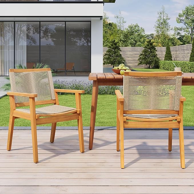 Christopher Knight Home Kita Acacia Wood Patio Dining Chairs Set of 2, Wooden Outdoor Dining Chair Set, Outdoor Kitchen Side Chair with Woven Rope, Teak+Dark Beige