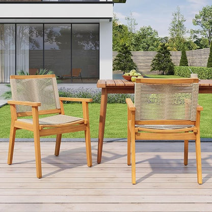 Christopher Knight Home Kita Acacia Wood Patio Dining Chairs Set of 2, Wooden Outdoor Dining Chair Set, Outdoor Kitchen Side Chair with Woven Rope, Teak+Dark Beige