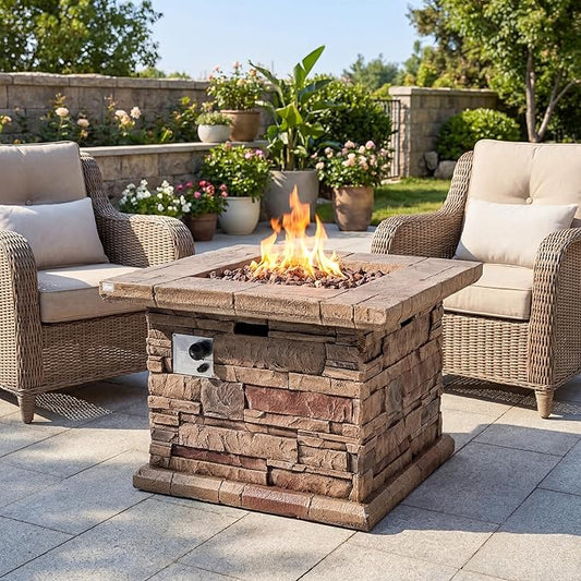 COSIEST Outdoor Propane Fire Pit Table w Faux Brown Ledgestone 32-inch Square Fire Table, Certified, 50,000 BTU Stainless Steel Burner, Free Lava Rocks, Fits 20lb Tank Inside