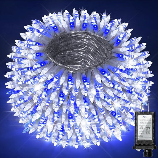 Christmas String Lights Outdoor 470FT 1500 LED Blue & White | Dimmable, 12 Light Styles, Memory Timer, Waterproof, 29V Safe Low Voltage, Diamond-Faceted LED, Energy Efficiency
