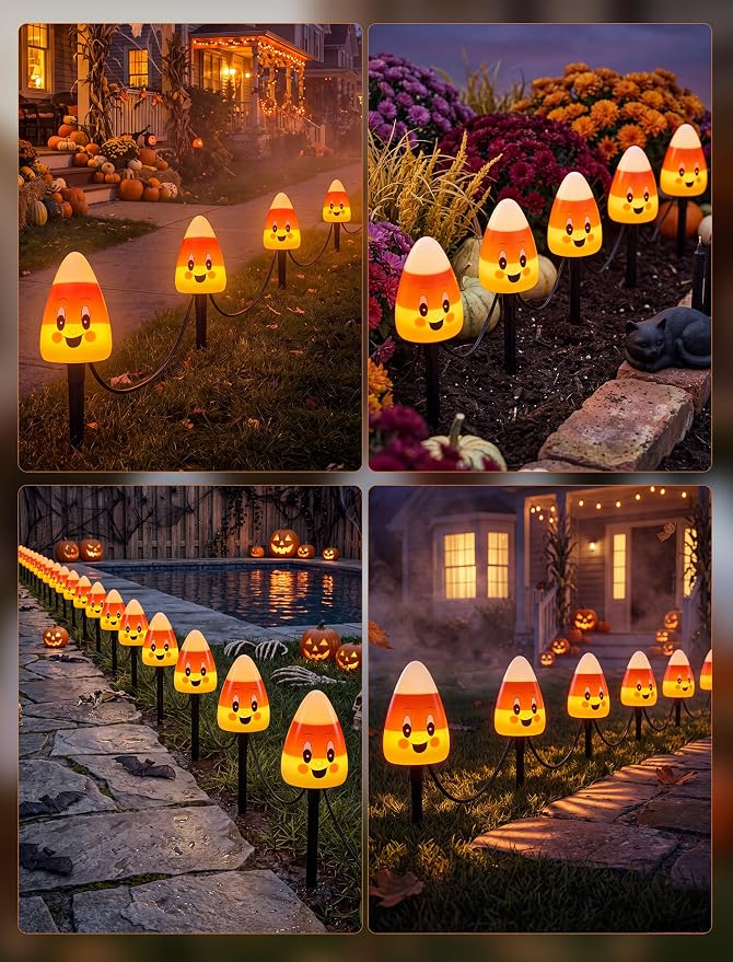 Halloween Candy Corn Pathway Lights Outdoor, 7Ft C7 LED Halloween Decorations Candy Corn Pathway String Lights Waterproof with 4 Stakes for Outdoor Garden Walkway Driveway Lawn Party Decor