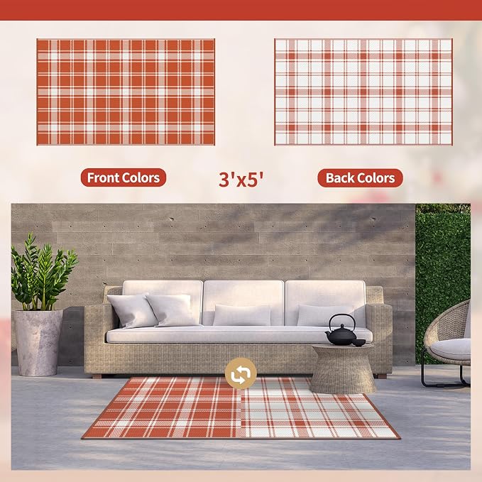 GENIMO Outdoor Rug 3'x5' Waterproof for Porch, Plastic Door Mat Orange Plaid