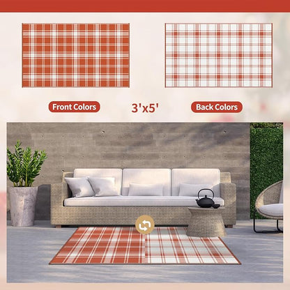 GENIMO Outdoor Rug 3'x5' Waterproof for Porch, Plastic Door Mat Orange Plaid