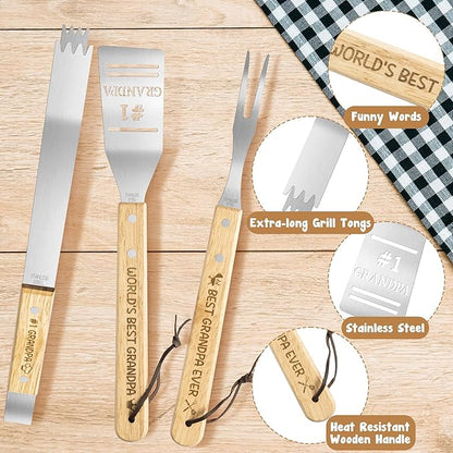 Haooryx Grandpa Grilling BBQ Tool Accessories Set - 3Pcs Best Grandpa Ever Stainless Steel Grilling Spatula Tong Fork Father's Day Birthday Present Outdoor Camping Barbecue Housewarming Party Supplies
