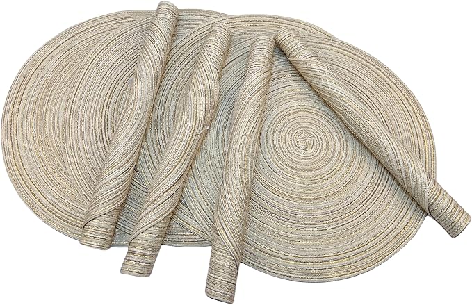Red-A, Placemats, Round Placemats for Dining Table Set of 8 Woven Heat Resistant Non-Slip Kitchen Table Mats Diameter 14 Inch(Cream with Golden Silk)