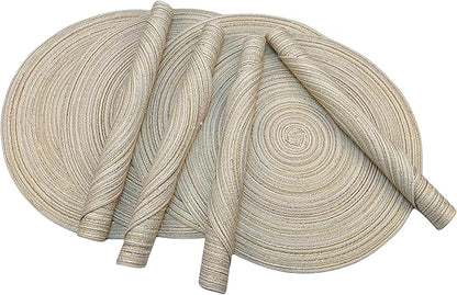 Red-A, Placemats, Round Placemats for Dining Table Set of 8 Woven Heat Resistant Non-Slip Kitchen Table Mats Diameter 14 Inch(Cream with Golden Silk)