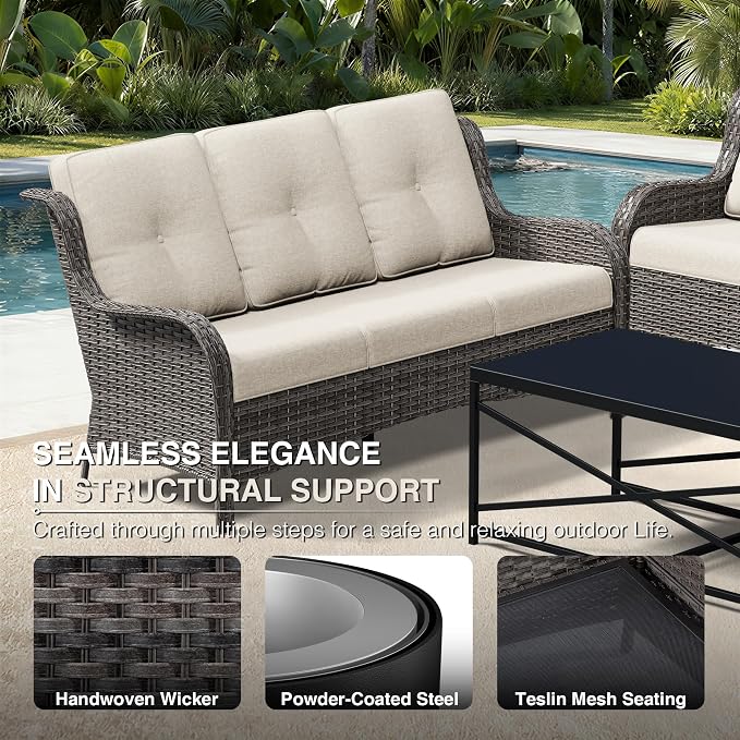 Joyside Outdoor Patio Couch, 3 Seater Outdoor Wicker Sofa with High Back, Deep Seating, Wide Armrest, Thickened Cushions, Patio Sofa for Deck, Porch Use