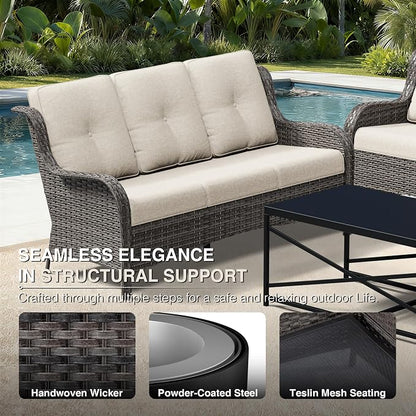 Joyside Outdoor Patio Couch, 3 Seater Outdoor Wicker Sofa with High Back, Deep Seating, Wide Armrest, Thickened Cushions, Patio Sofa for Deck, Porch Use