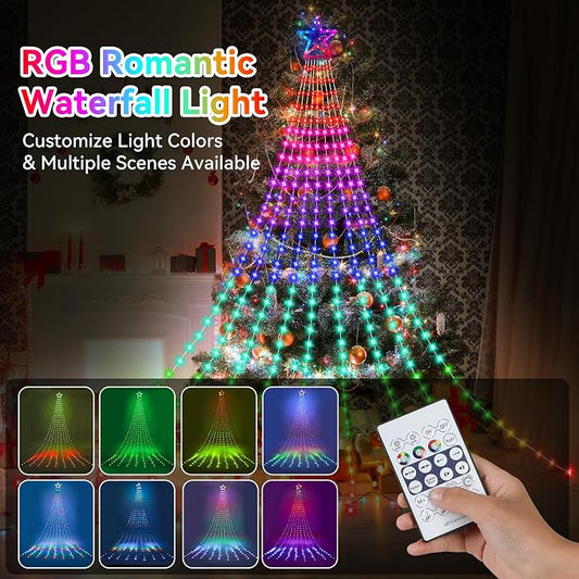 Christmas Decoration RGB String Lights, Outdoor Color Changing Christmas Lights 320 LED 16.4 Ft Star Tree Topper Fairy String Light with 8 Light Modes for Xmas New Year Holiday Garden Yard