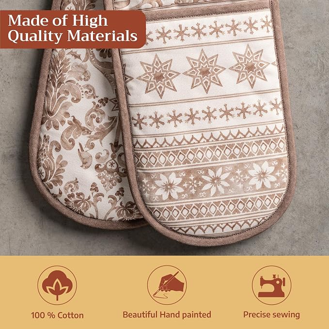 Maison d' Hermine Double Oven Mitts 100% Cotton Double Oven Glove (7"x35") | Heat Resistant BBQ Cooking Gloves with Loop Baking Kitchen Home Hotel Farmhouse Thanksgiving Christmas - Allure