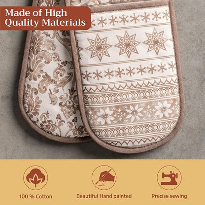 Maison d' Hermine Double Oven Mitts 100% Cotton Double Oven Glove (7"x35") | Heat Resistant BBQ Cooking Gloves with Loop Baking Kitchen Home Hotel Farmhouse Thanksgiving Christmas - Allure