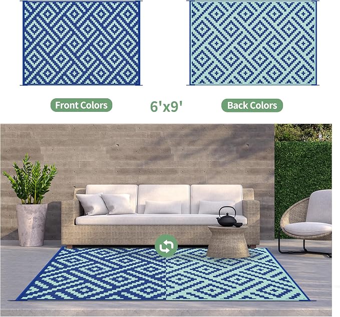GENIMO Outdoor Rug, Waterproof Plastic Rugs for Patio, 6'x9' Royal Blue | Outside Larger Modern Carpet Mat for Porch Decor, Deck, Balcony, Camping, RV, Backyard, Picnic, Beach, Reversible, Foldable