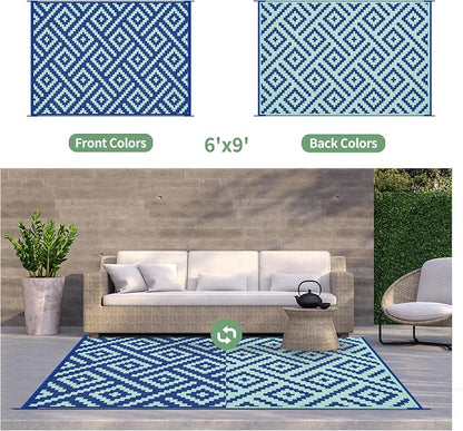 GENIMO Outdoor Rug, Waterproof Plastic Rugs for Patio, 6'x9' Royal Blue | Outside Larger Modern Carpet Mat for Porch Decor, Deck, Balcony, Camping, RV, Backyard, Picnic, Beach, Reversible, Foldable