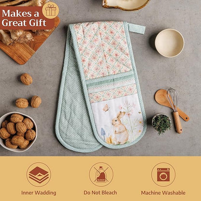 Maison d' Hermine Double Oven Mitts 100% Cotton 7"x35" Double Oven Mitt Heat Resistant BBQ Cooking Gloves with Loop Baking Grilling Kitchen Hotel Home Farmhouse Spring Summer (Easter Dew)