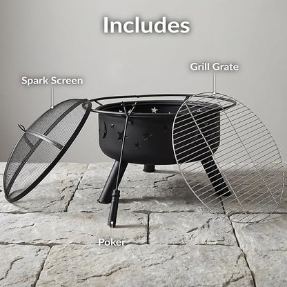 Sunnydaze Cosmic 30-Inch Outdoor Fire Pit with Grill Grate, Spark Screen, and Fireplace Poker - Round Steel Metal Wood-Burning Outside Firepit for Patio, Backyard, Porch, Deck - Bronze