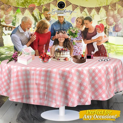 Grandipity 12 Pack Premium Disposable Plastic Tablecloth 84" Inch Decorative Round Table Cover - Pink Checkered Gingham