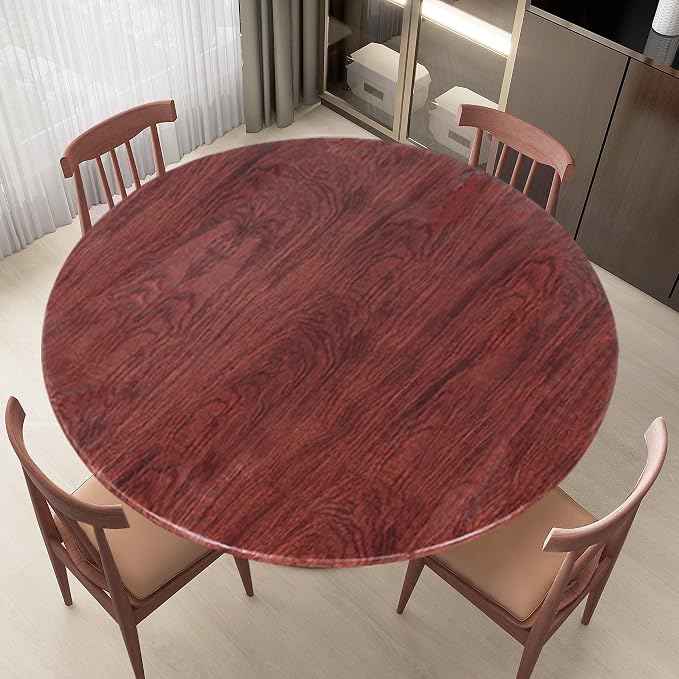 LUSHVIDA Round Waterproof Table Cover Elastic Vinyl Fitted Tablecloth Elastic Edged Plastic Table Cover, Mahogany, Best for Up to 36"-44" Round