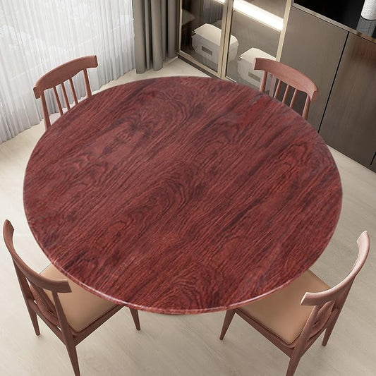 LUSHVIDA Round Waterproof Table Cover Elastic Vinyl Fitted Tablecloth Elastic Edged Plastic Table Cover, Mahogany, Best for Up to 36"-44" Round