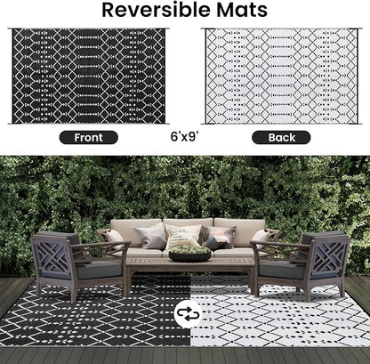 Smiry Outdoor Rug 6x9 ft Waterproof Reversible Boho Mat, Black | Polypropylene Plastic Straw, Quick Drying, Lightweight Foldable, for Patio, Deck, RV Camping, Backyard and Indoor Outdoor Use