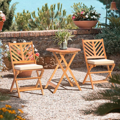 Werph 3-Piece Acacia Wood Patio Set, Foldable Bistro Table and Chairs Set | Small Patio Furniture Set with Cushions, Folding Balcony Chairs Table Set for Apartment, Balcony, Deck or Porch