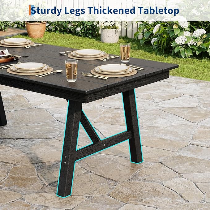 Garvee Outdoor Patio Dining Table for 4-6, 66.9" Long Outdoor HDPE Garden Dining Table with Umbrella Hole, Aluminum Frame, Triangular Legs, Waterproof, All-Weather for Backyard, Poolside, Black
