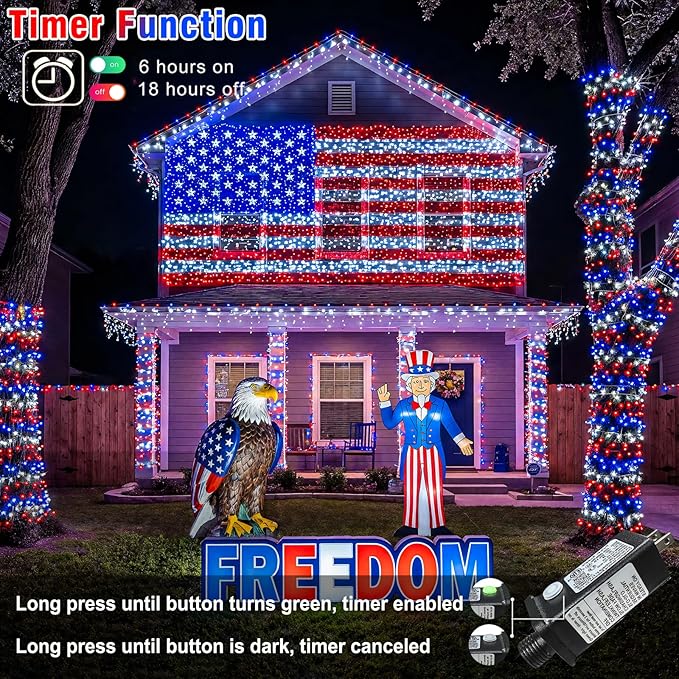 Red White and Blue String Lights, 66FT 200 LED 4th of July Lights Outdoor with 8 Modes, Waterproof Independence Decorations Lights for Indoor Memorial Day House Party Holiday